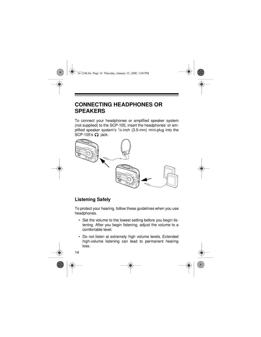 Optimus SCP-105, 14-1246 owner manual Connecting Headphones or Speakers, Listening Safely 