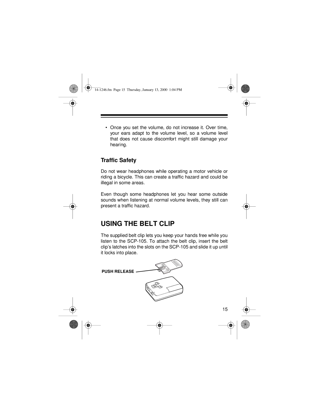 Optimus 14-1246, SCP-105 owner manual Using the Belt Clip, Traffic Safety 