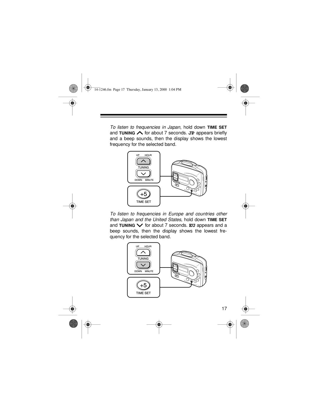 Optimus 14-1246, SCP-105 owner manual To listen to frequencies in Japan, hold down Time SET 