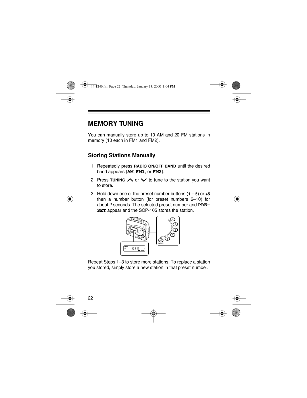 Optimus SCP-105, 14-1246 owner manual Memory Tuning, Storing Stations Manually 