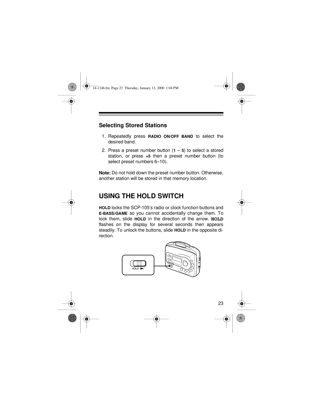 Optimus 14-1246, SCP-105 owner manual Using the Hold Switch, Selecting Stored Stations 