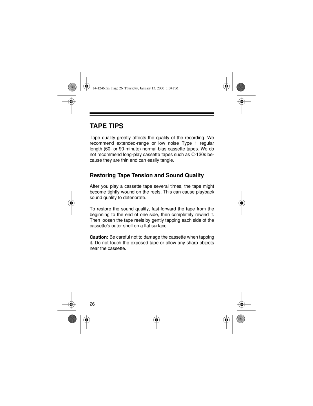 Optimus SCP-105, 14-1246 owner manual Tape Tips, Restoring Tape Tension and Sound Quality 