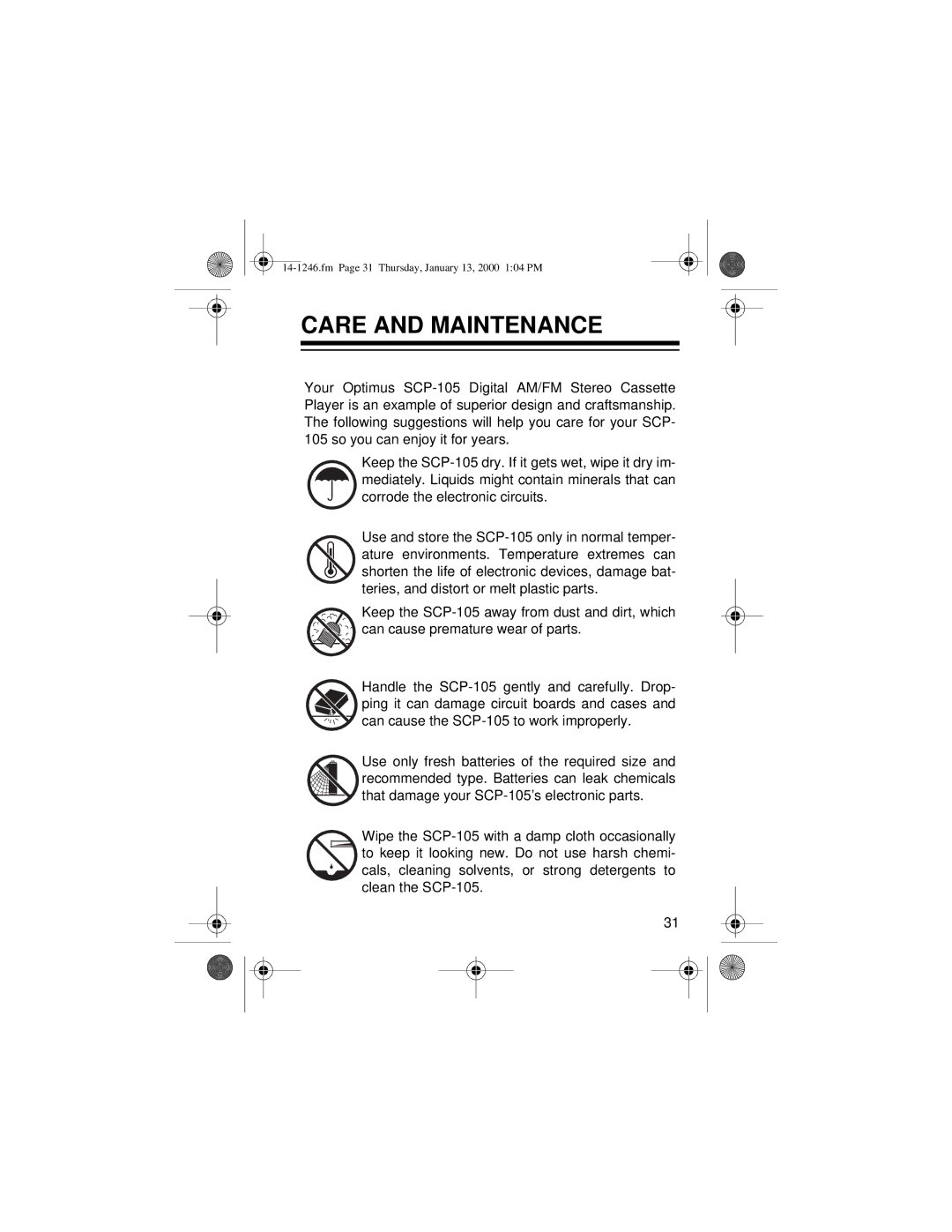 Optimus 14-1246, SCP-105 owner manual Care and Maintenance 