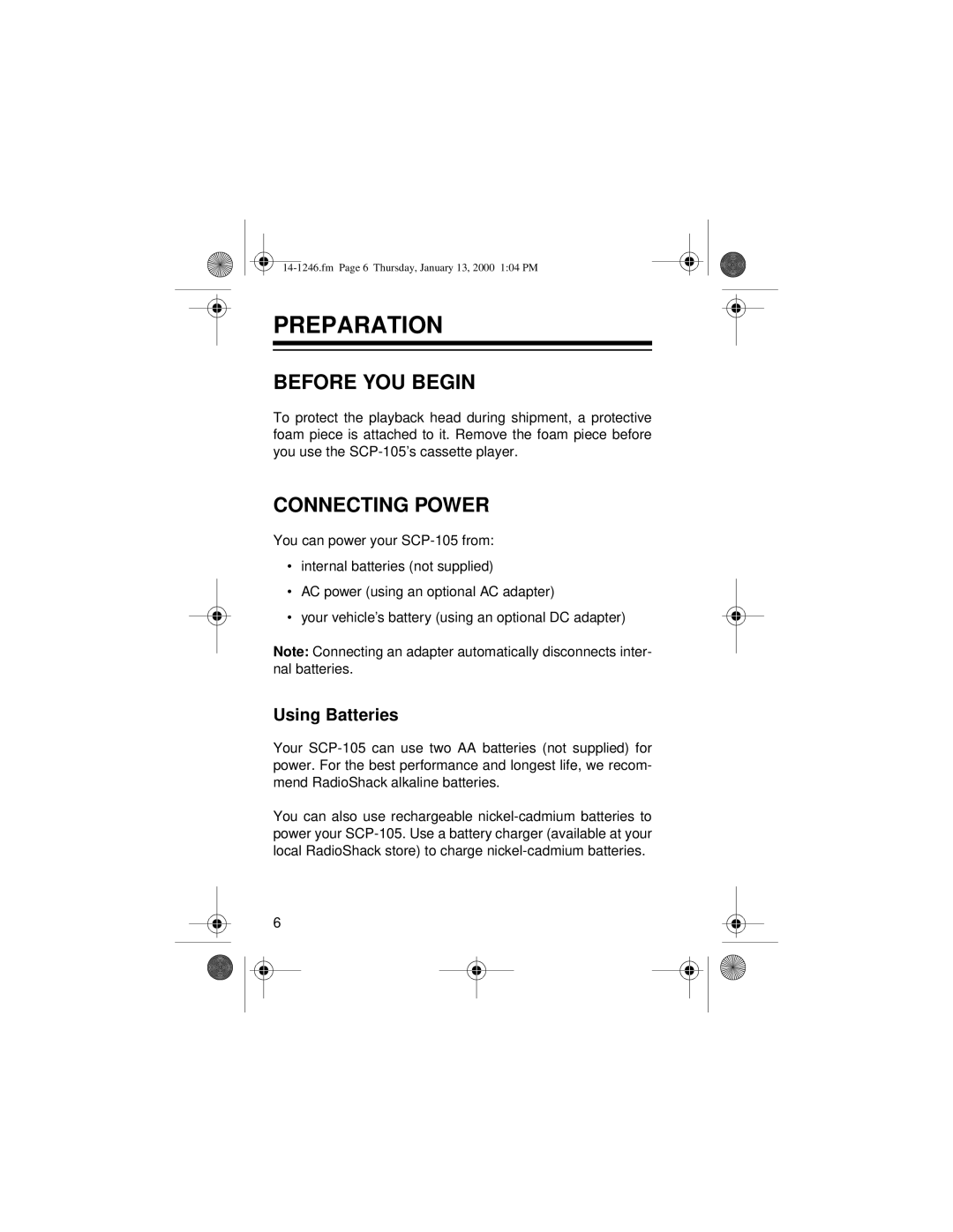 Optimus SCP-105, 14-1246 owner manual Preparation, Before YOU Begin, Connecting Power, Using Batteries 