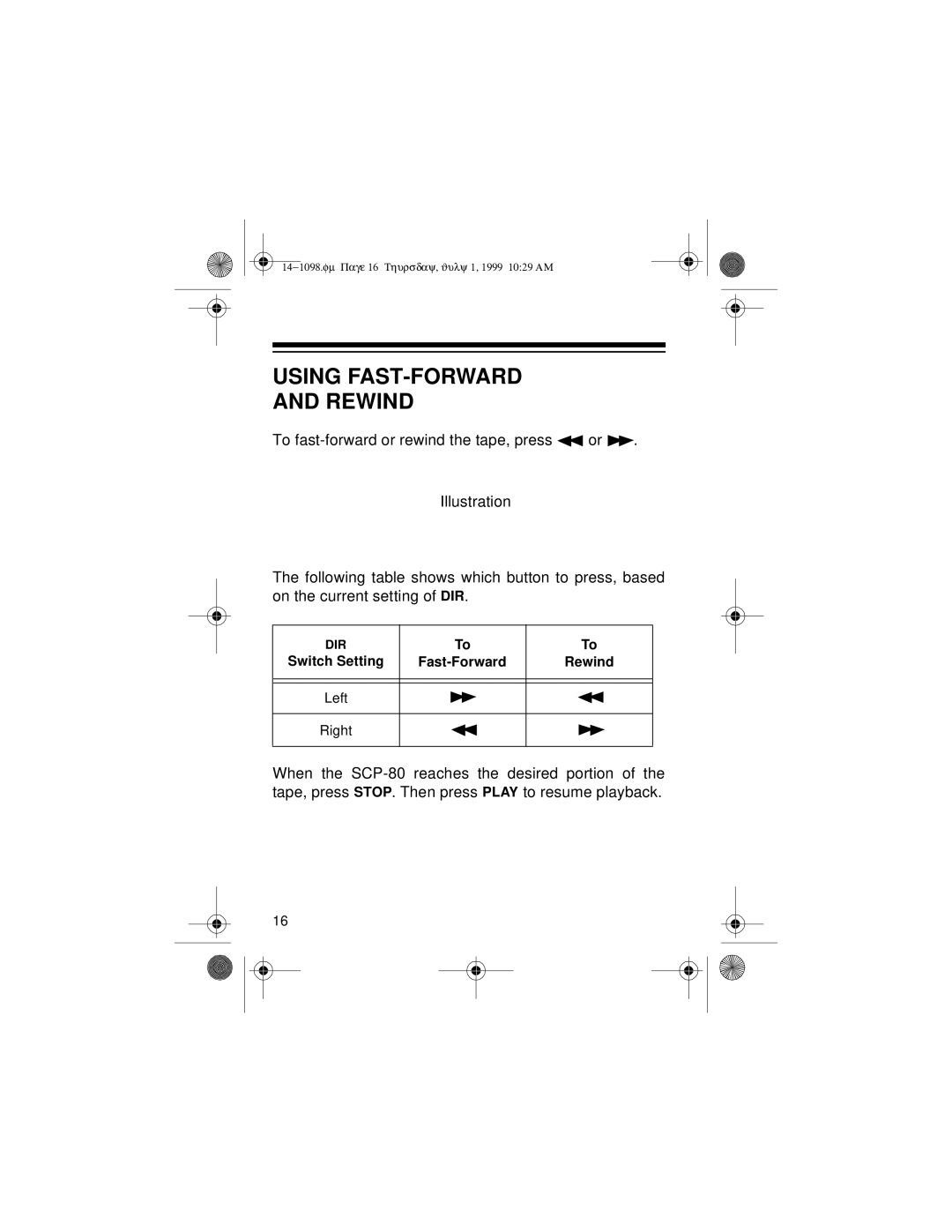 Optimus SCP-80, 14-1098 owner manual Using FAST-FORWARD Rewind 