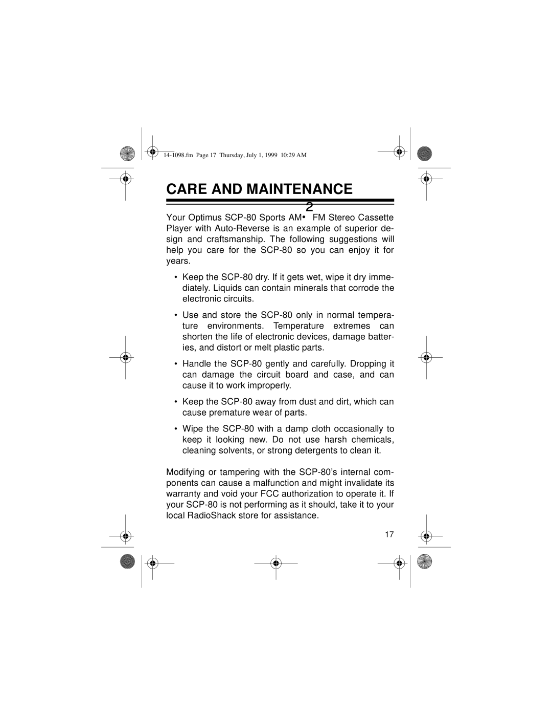 Optimus 14-1098, SCP-80 owner manual Care and Maintenance 