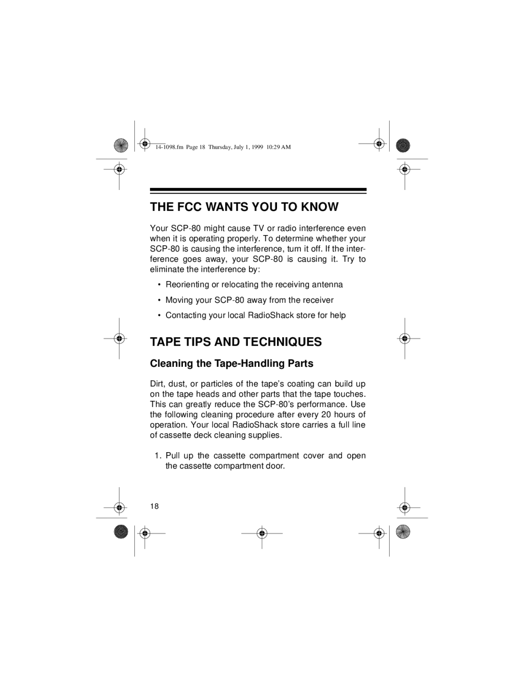 Optimus SCP-80, 14-1098 owner manual FCC Wants YOU to Know, Tape Tips and Techniques 