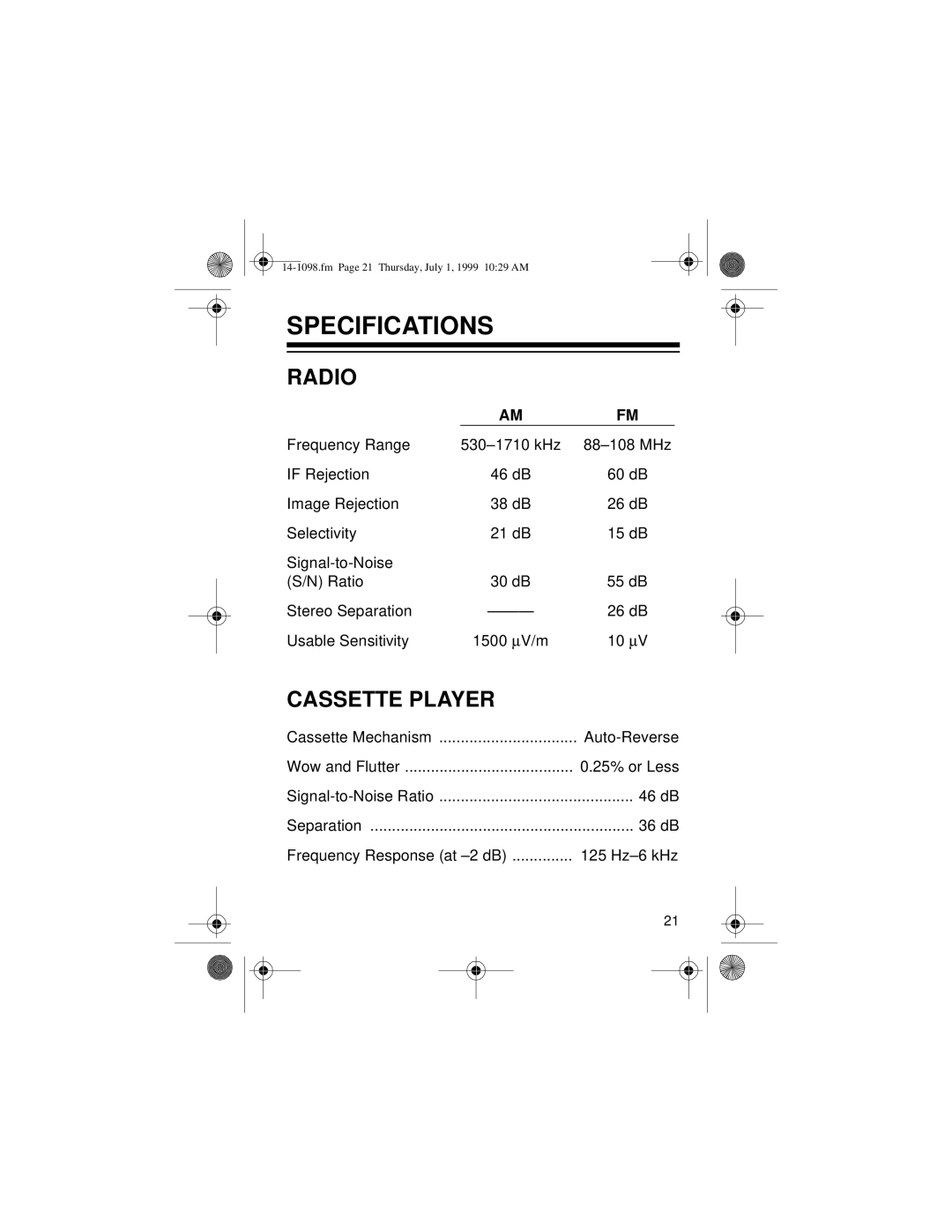 Optimus 14-1098, SCP-80 owner manual Specifications, Radio, Cassette Player 