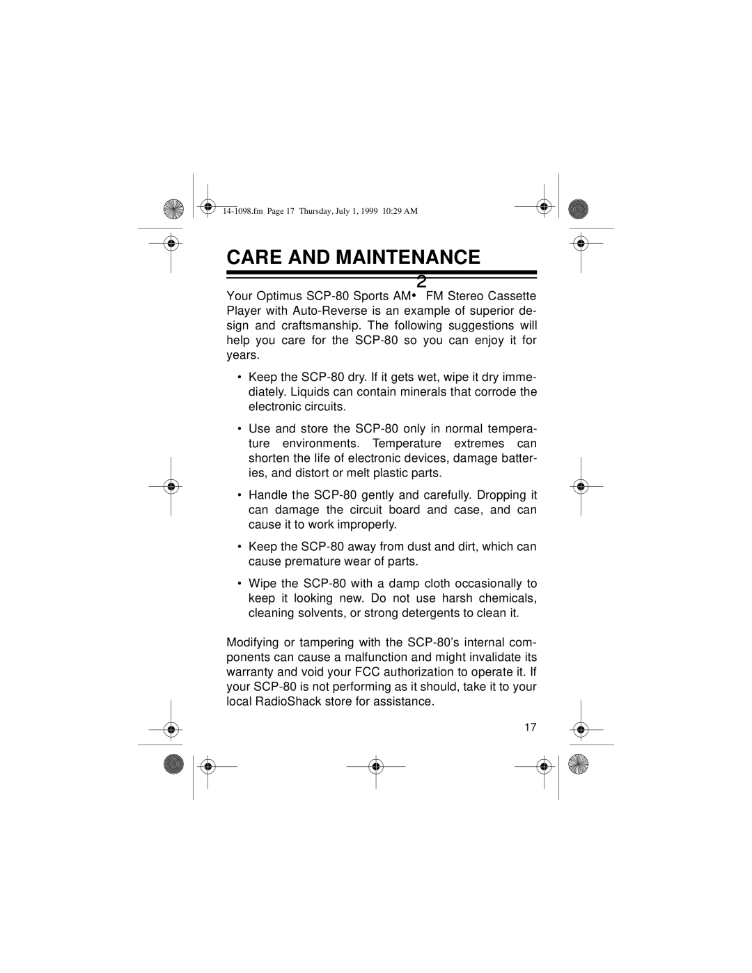 Optimus 14-1098, SCP-80 owner manual Care And Maintenance, fmPage 17 Thursday, July 1, 1999 10 29 AM 