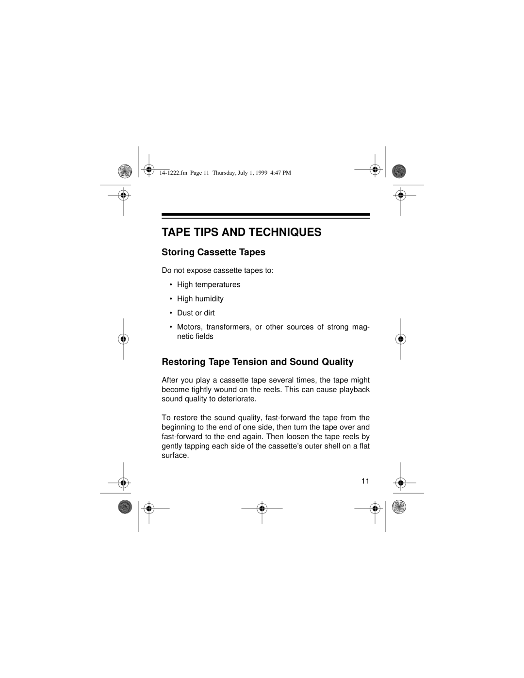 Optimus SCP-81 owner manual Tape Tips and Techniques, Storing Cassette Tapes 