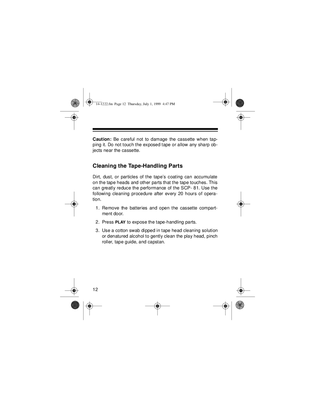 Optimus SCP-81 owner manual Cleaning the Tape-Handling Parts 