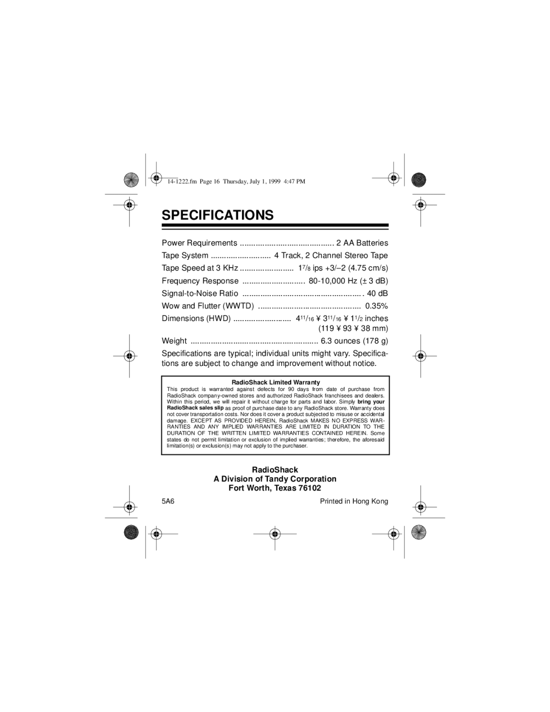 Optimus SCP-81 owner manual Specifications, RadioShack Limited Warranty 