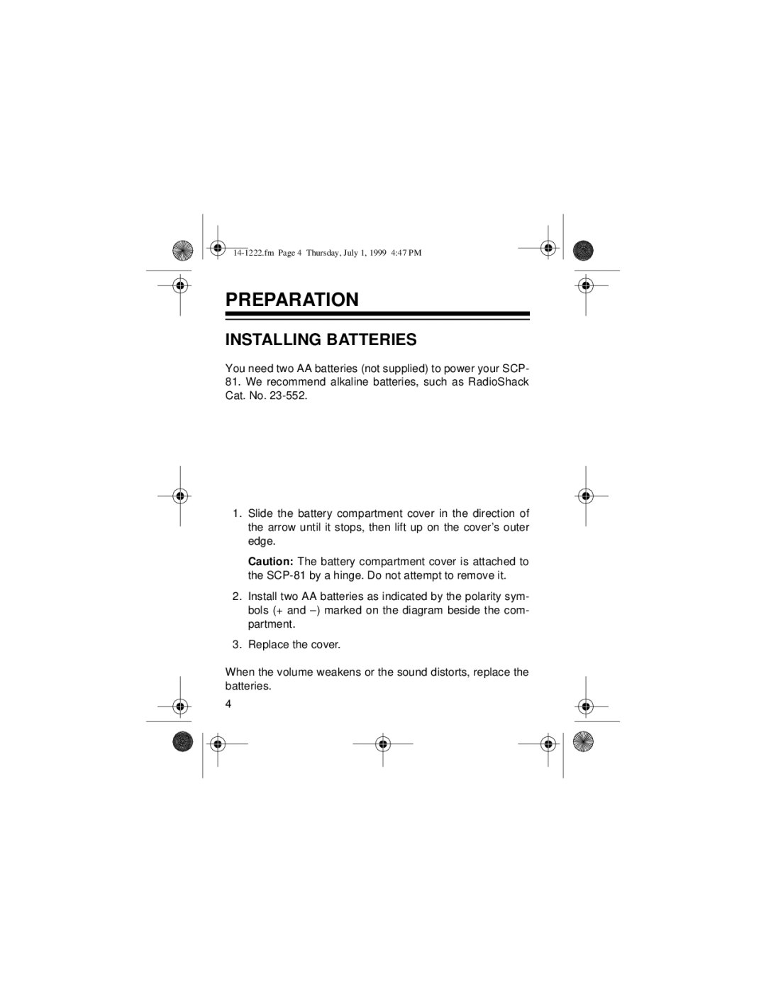 Optimus SCP-81 owner manual Preparation, Installing Batteries 