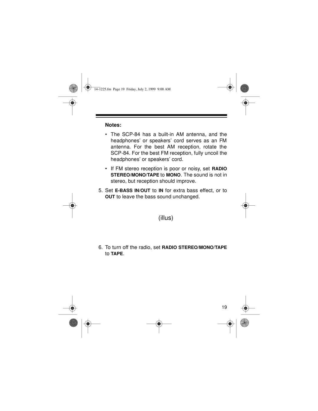 Optimus SCP-84 owner manual To turn off the radio, set Radio STEREO/MONO/TAPE to Tape 