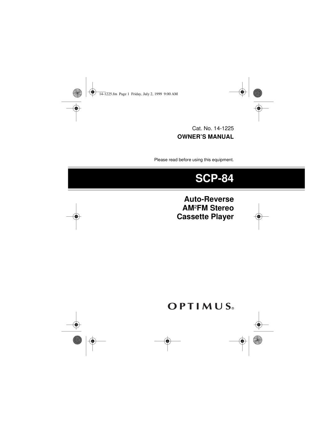 Optimus SCP-84 owner manual Auto-Reverse AM²FM Stereo Cassette Player, fmPage 1 Friday, July 2, 1999 9 00 AM 