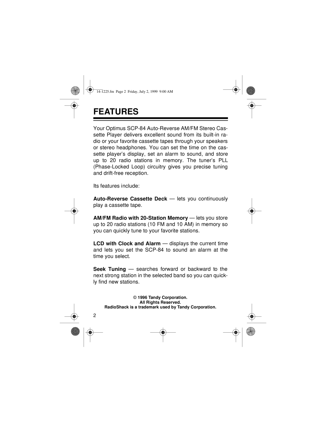 Optimus SCP-84 owner manual Features 