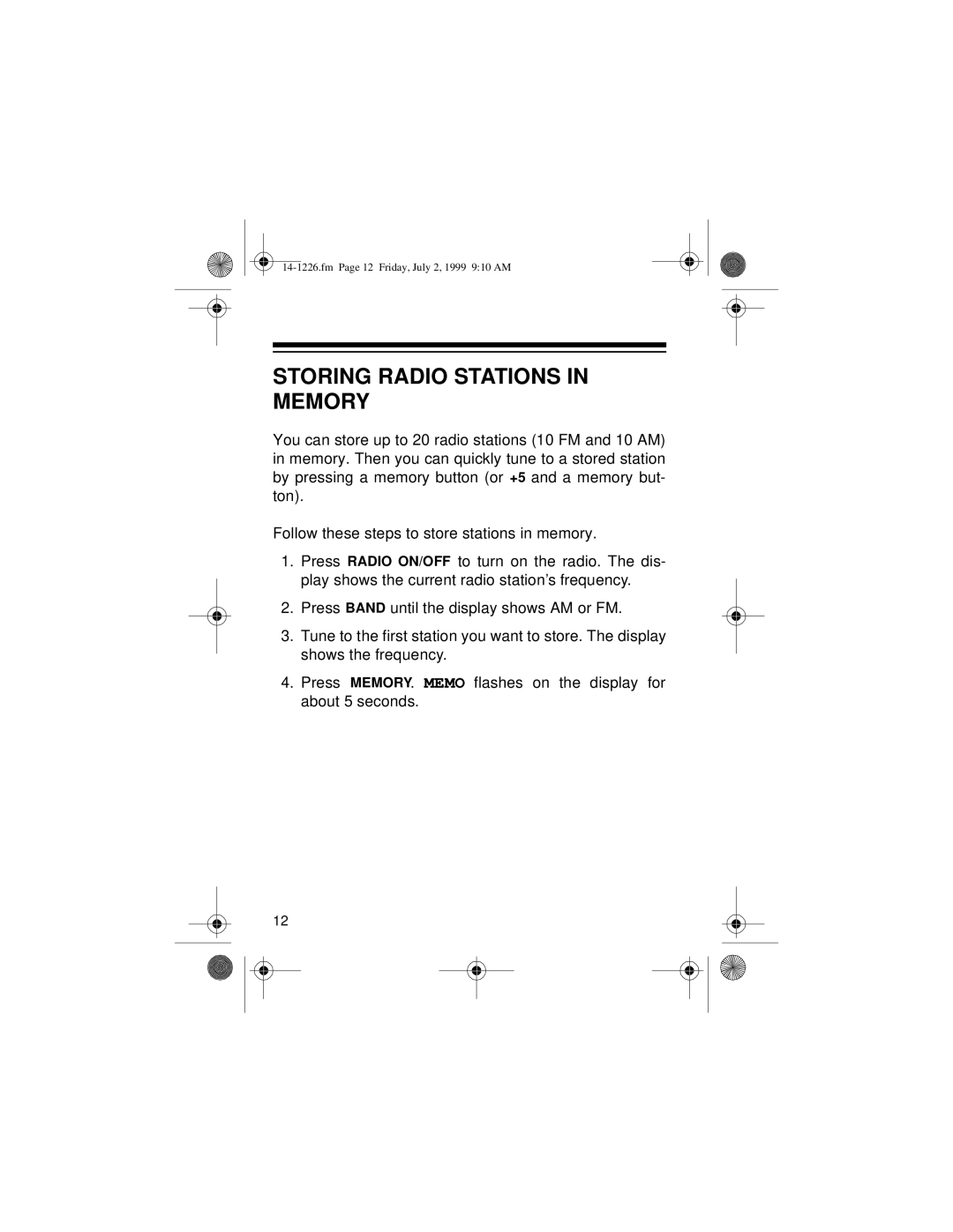 Optimus SCP-85 owner manual Storing Radio Stations in Memory 