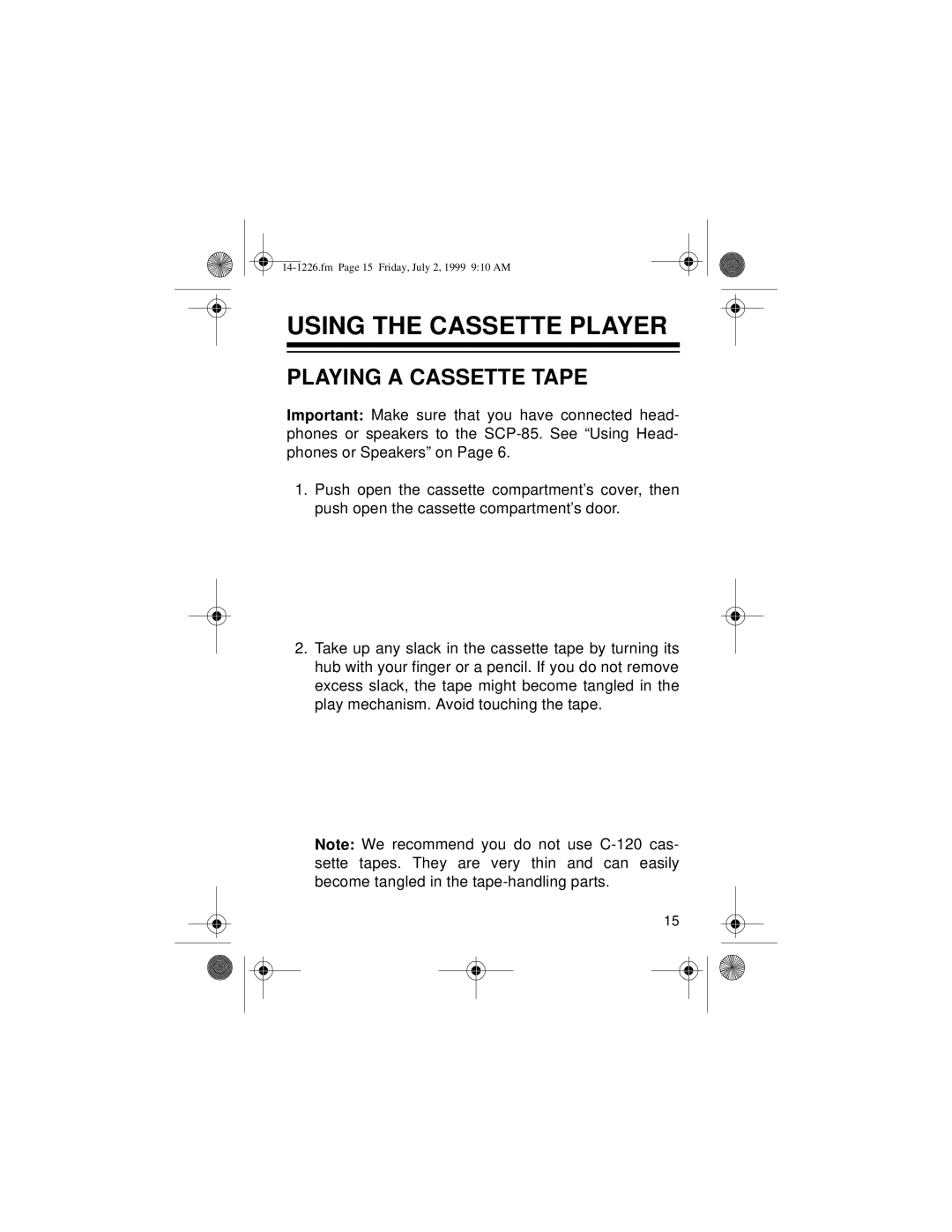 Optimus SCP-85 owner manual Using the Cassette Player, Playing a Cassette Tape 