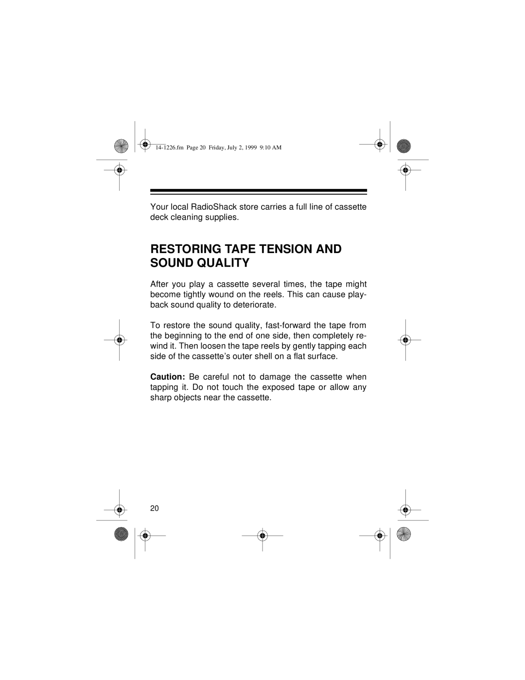 Optimus SCP-85 owner manual Restoring Tape Tension and Sound Quality 