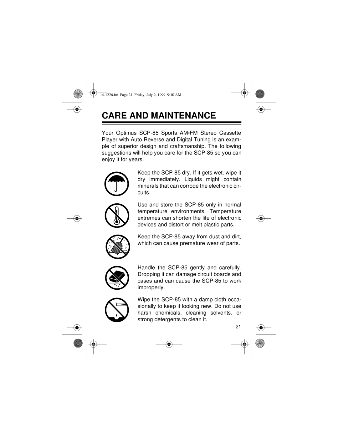 Optimus SCP-85 owner manual Care and Maintenance 