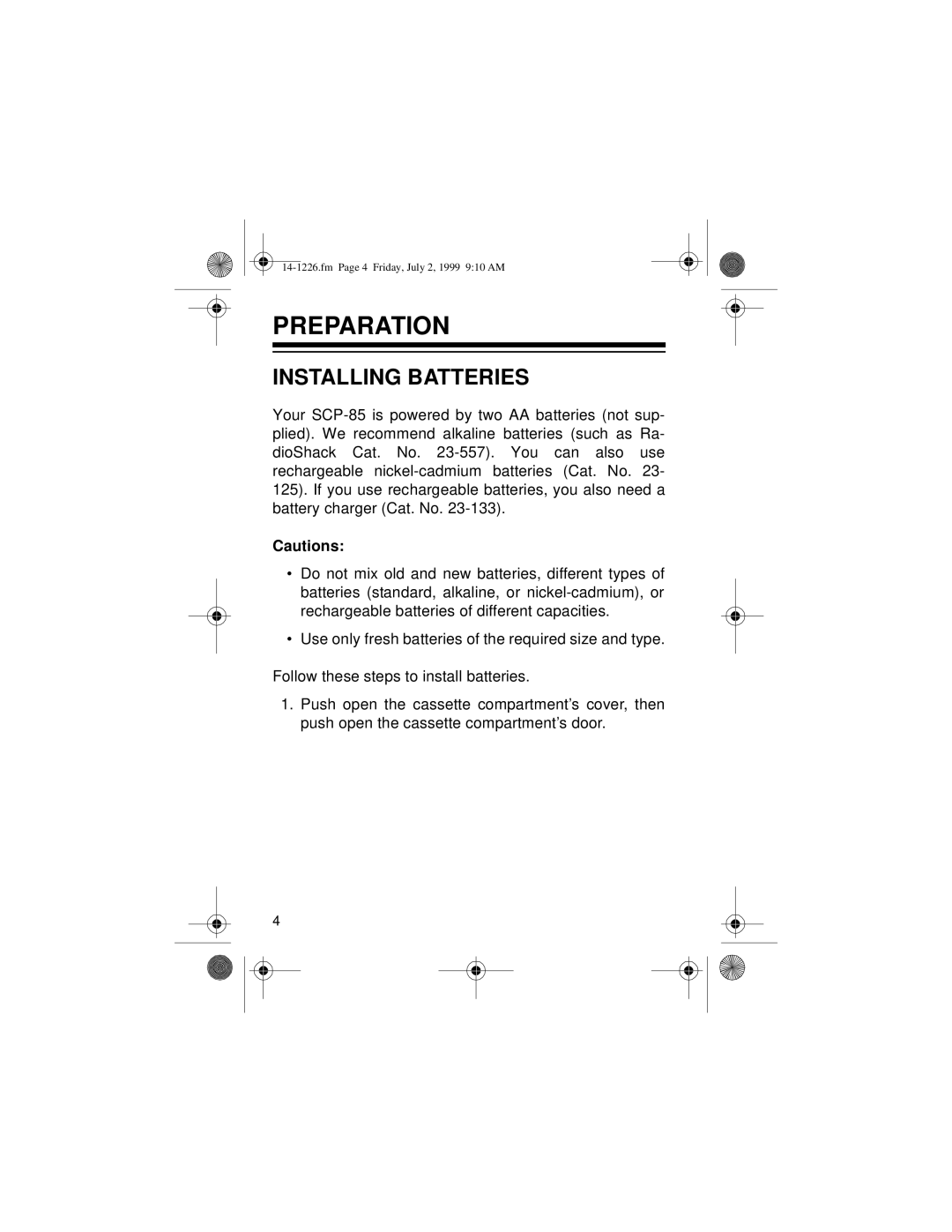 Optimus SCP-85 owner manual Preparation, Installing Batteries 