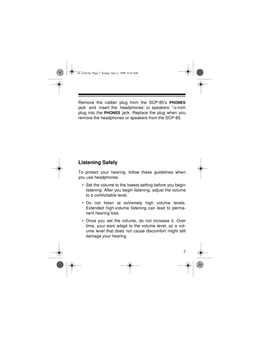 Optimus SCP-85 owner manual Listening Safely 