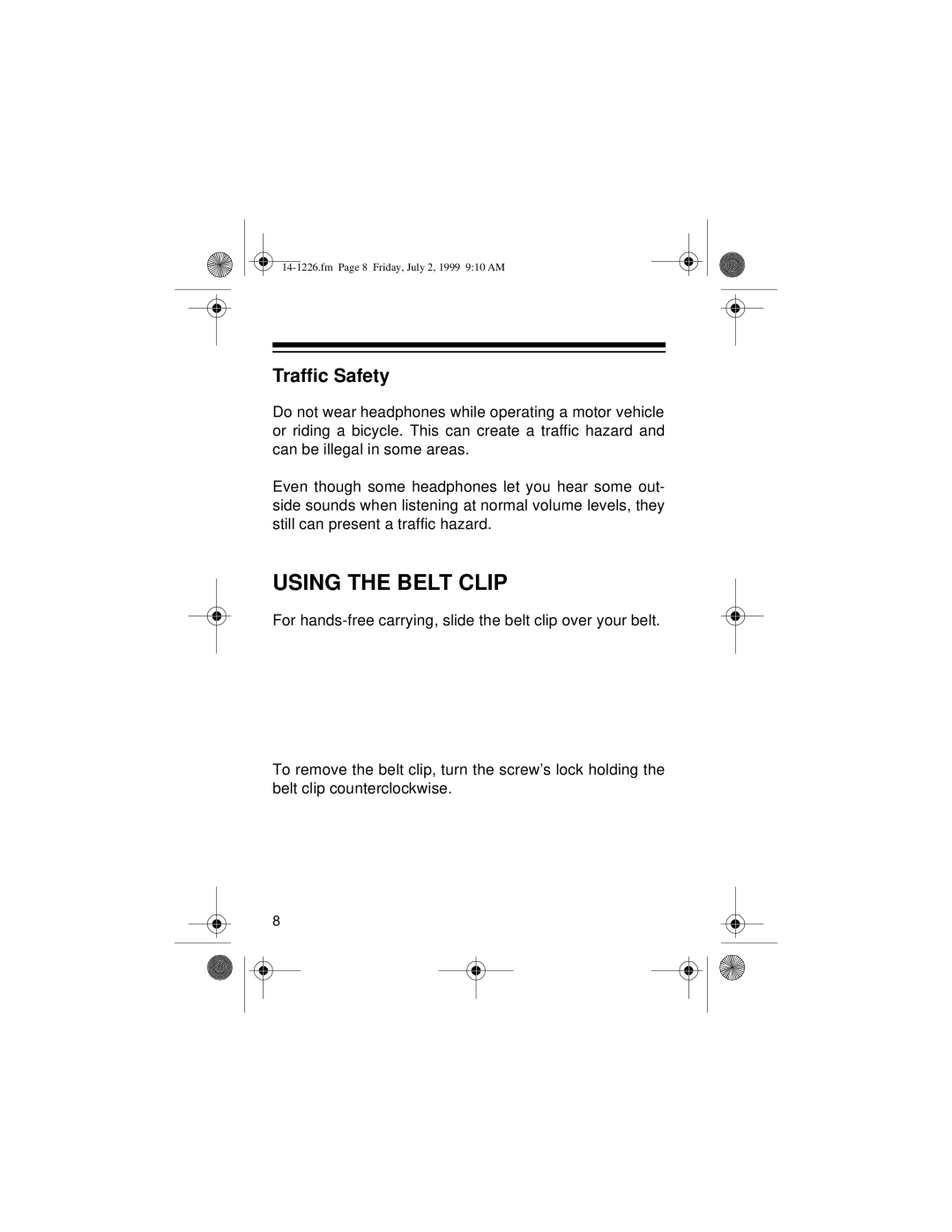 Optimus SCP-85 owner manual Using the Belt Clip, Traffic Safety 