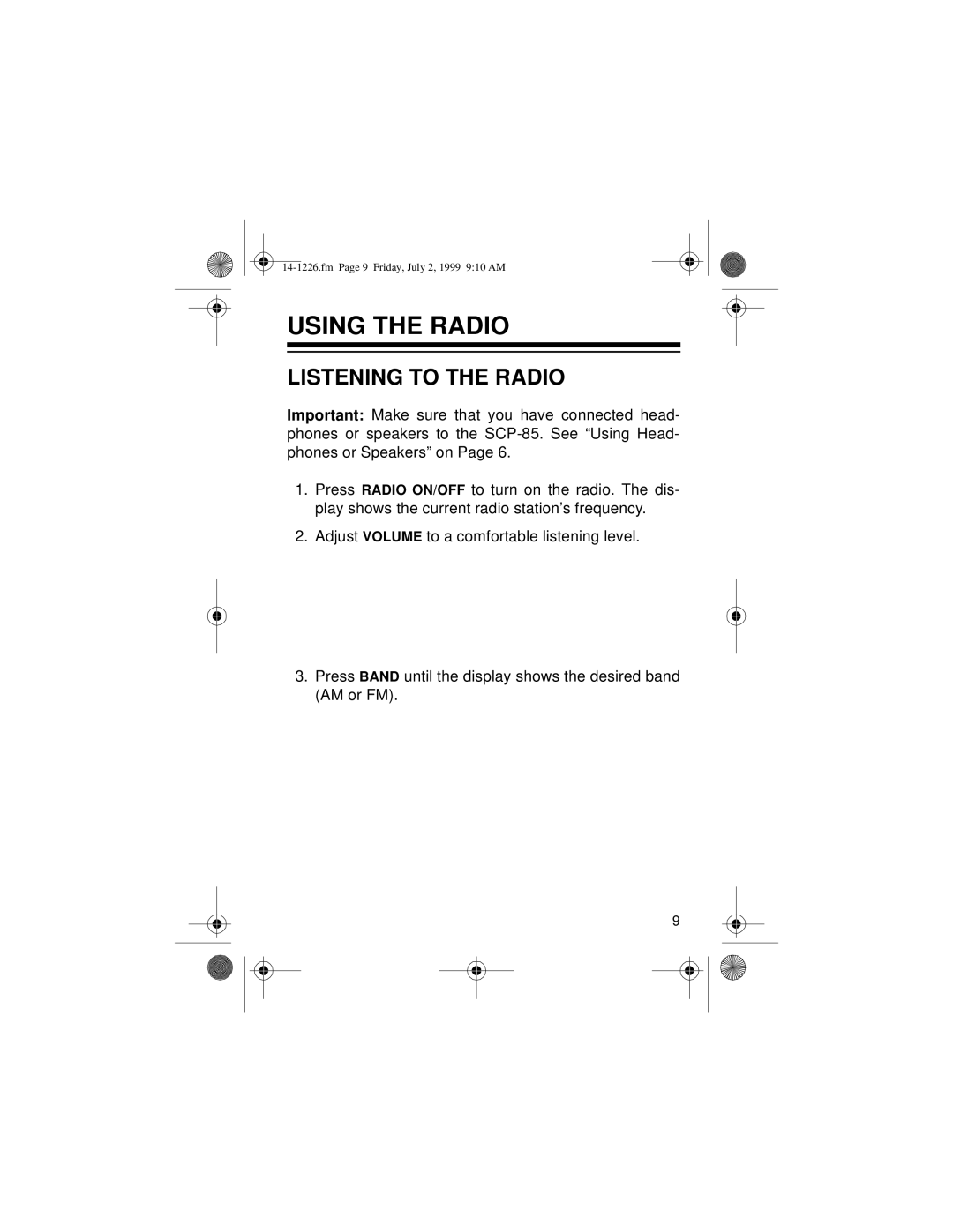 Optimus SCP-85 owner manual Using the Radio, Listening to the Radio 