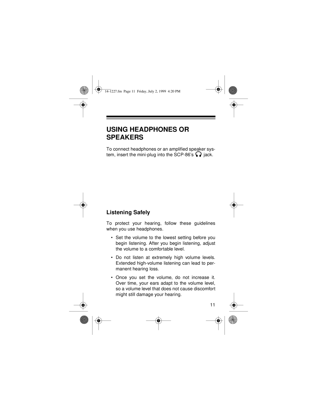 Optimus SCP-86 owner manual Using Headphones or Speakers, Listening Safely 