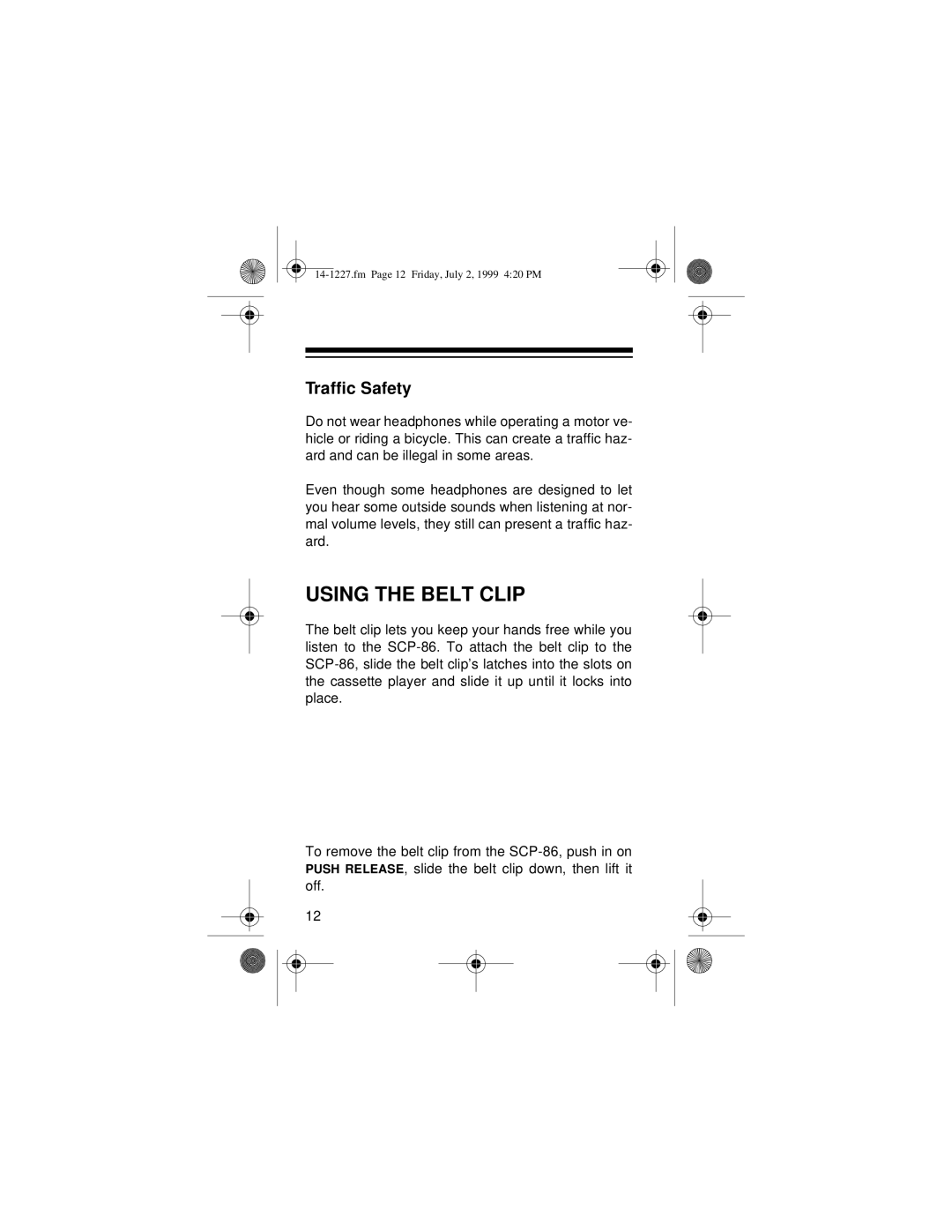 Optimus SCP-86 owner manual Using the Belt Clip, Traffic Safety 