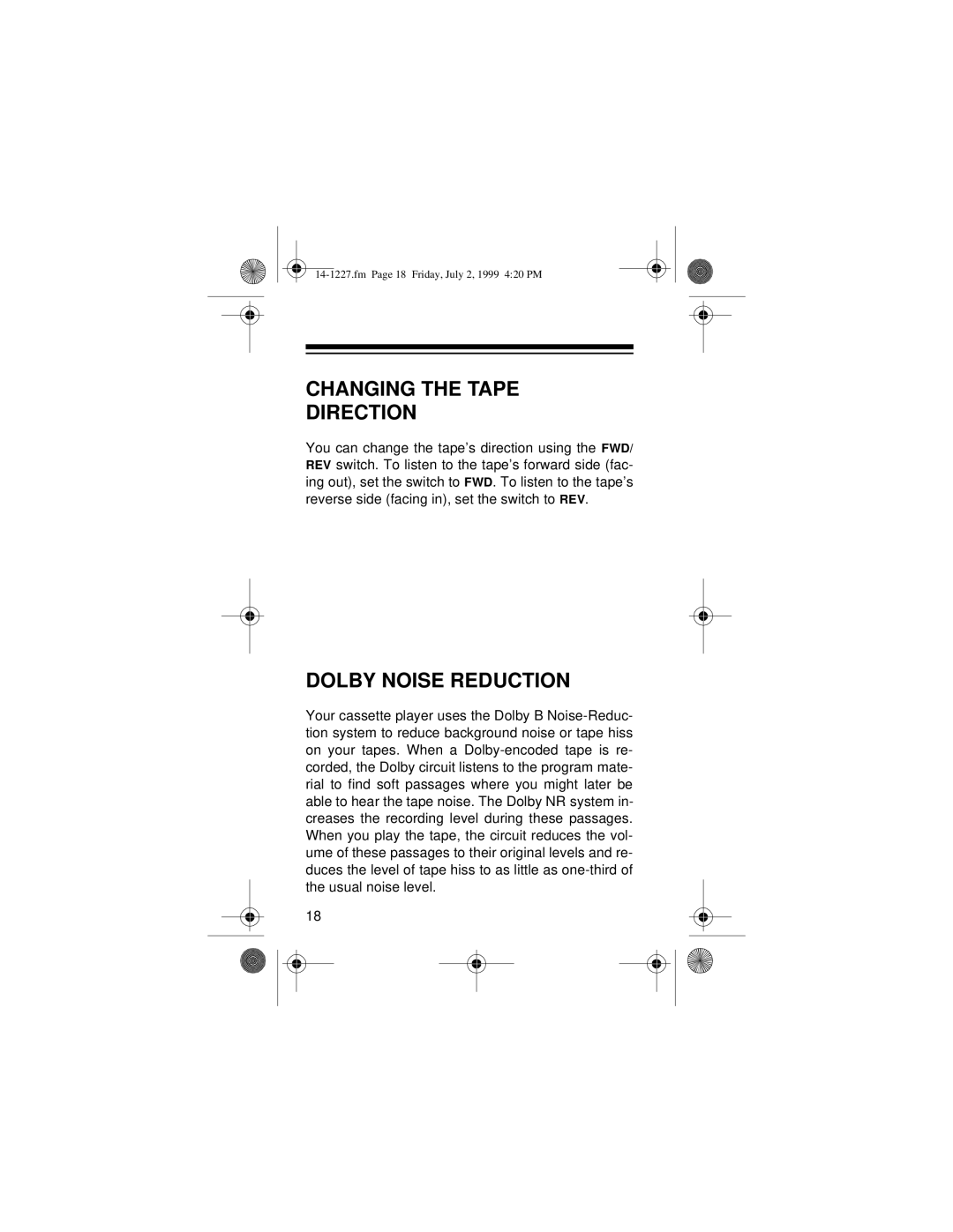 Optimus SCP-86 owner manual Changing the Tape Direction, Dolby Noise Reduction 