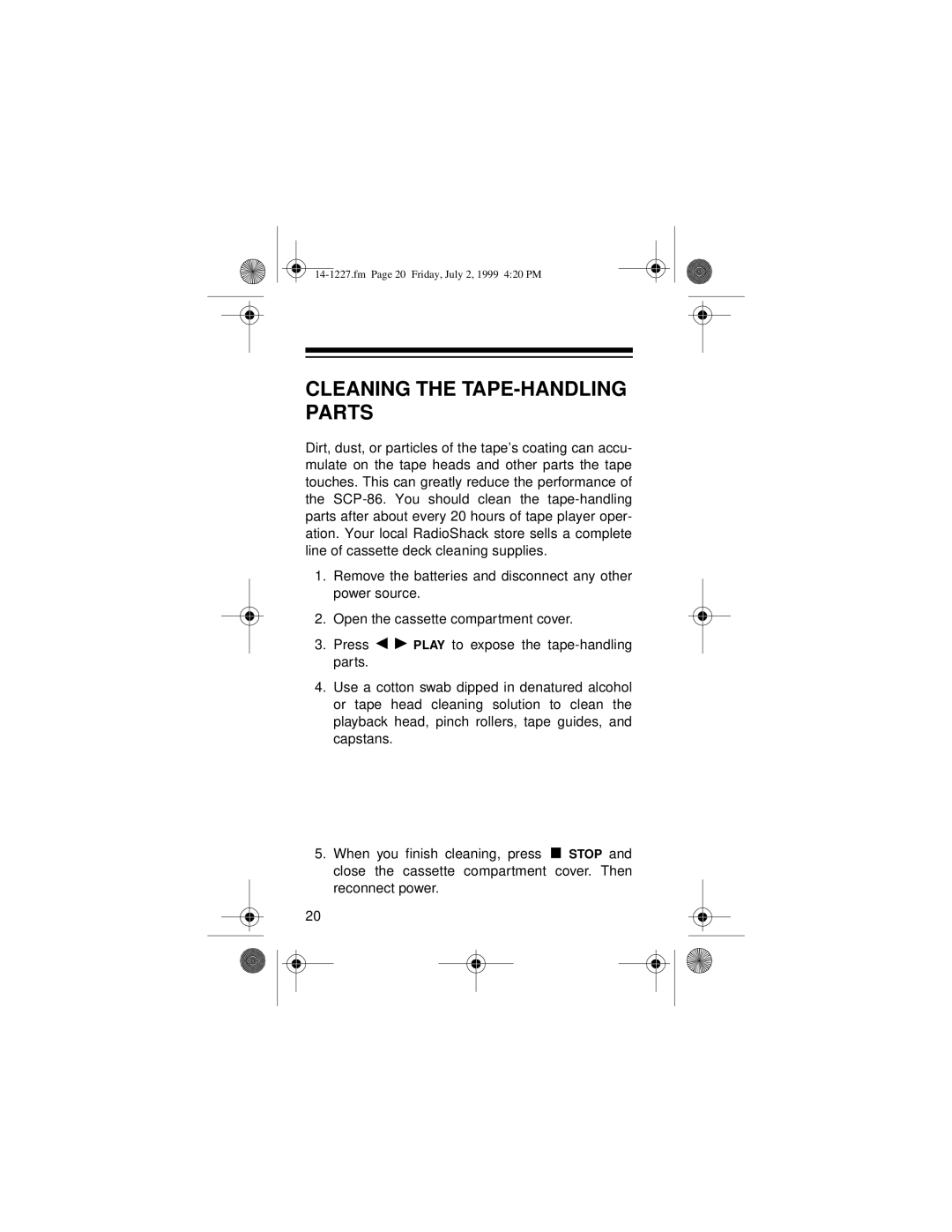 Optimus SCP-86 owner manual Cleaning the TAPE-HANDLING Parts 