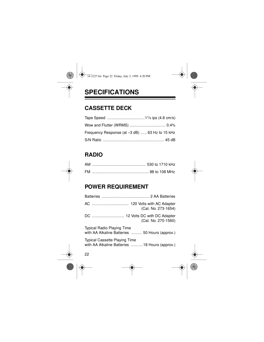 Optimus SCP-86 owner manual Specifications, Cassette Deck, Radio, Power Requirement 