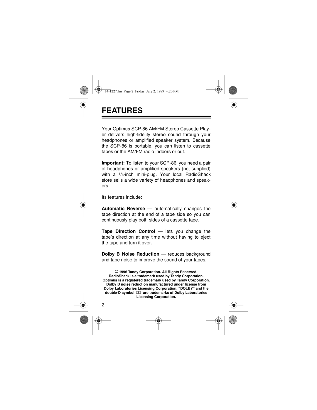 Optimus SCP-86 owner manual Features 