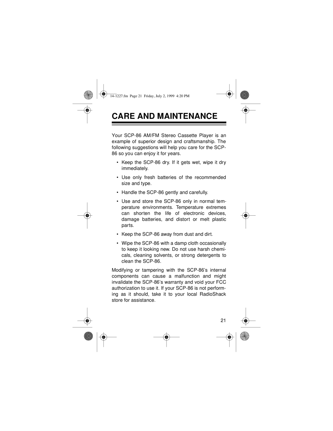 Optimus SCP-86 owner manual Care And Maintenance 