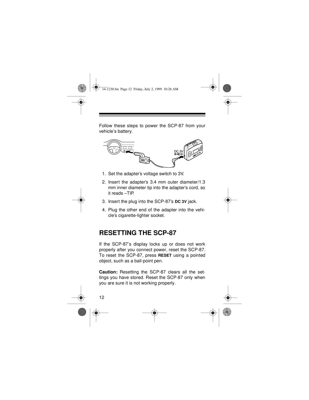 Optimus owner manual Resetting the SCP-87 