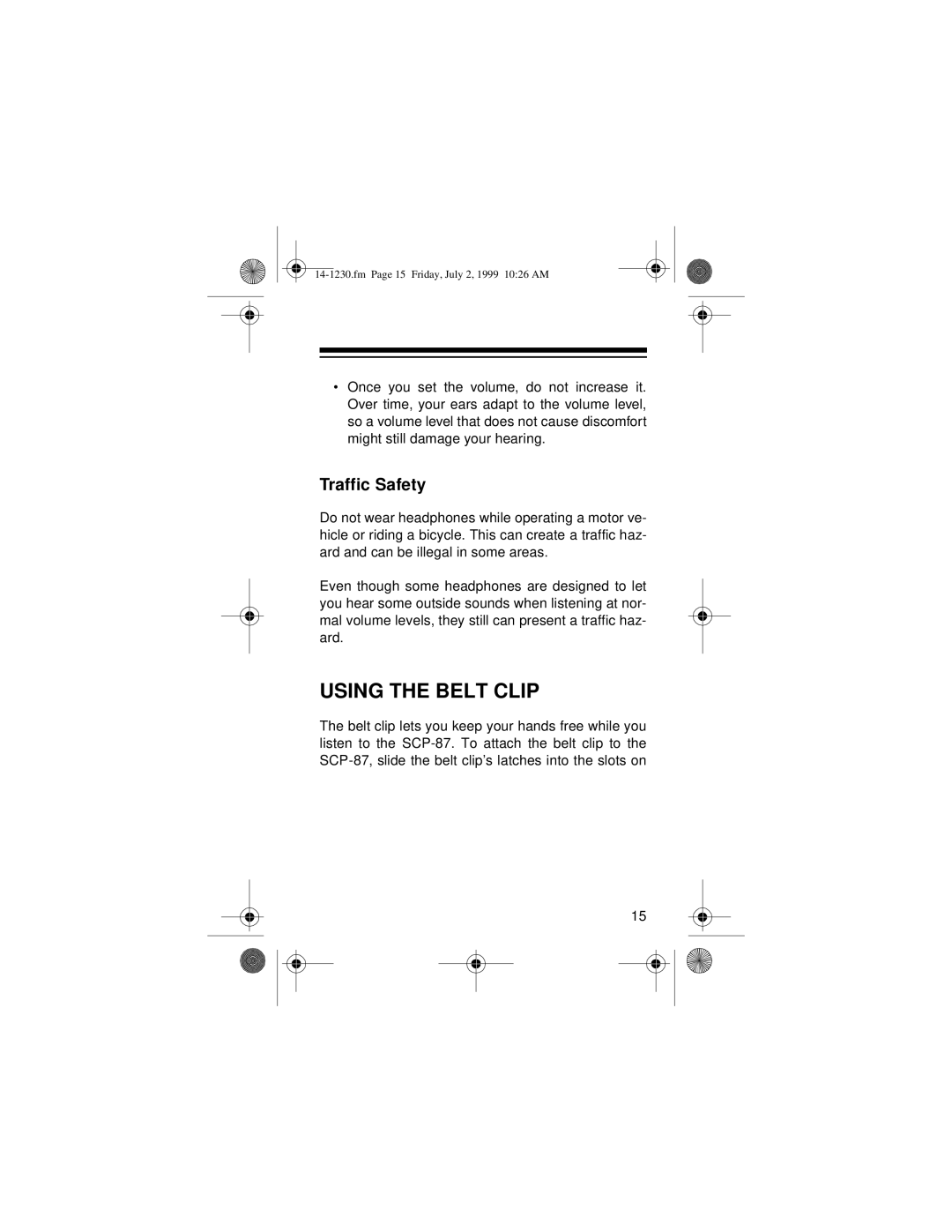 Optimus SCP-87 owner manual Using the Belt Clip, Traffic Safety 