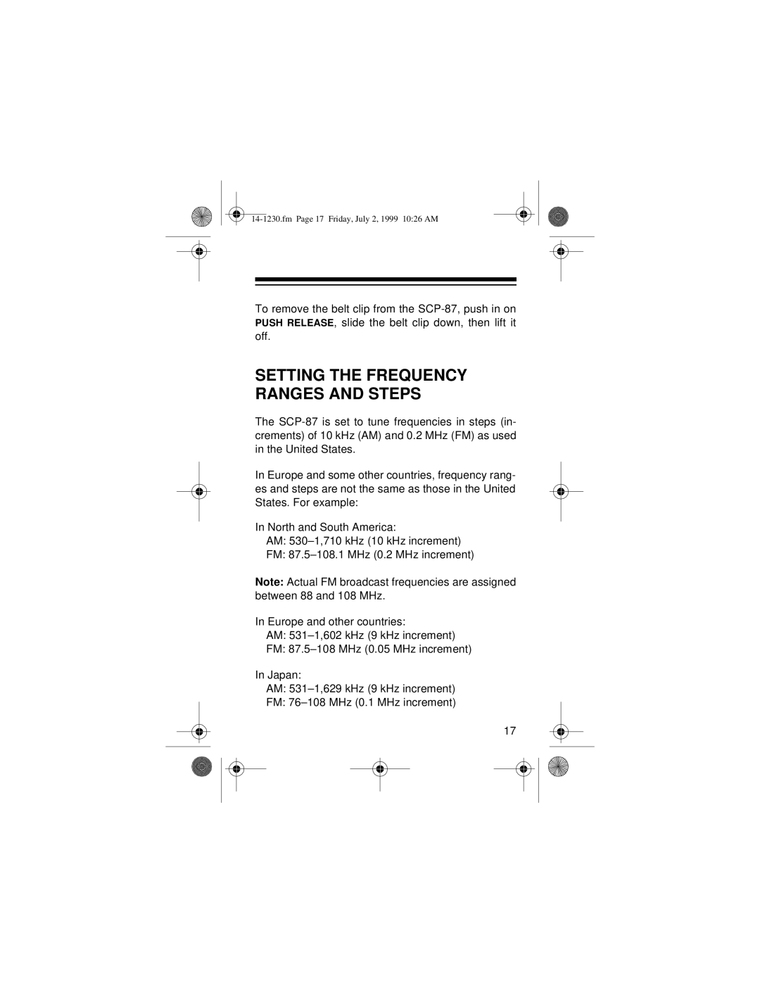 Optimus SCP-87 owner manual Setting the Frequency Ranges and Steps 