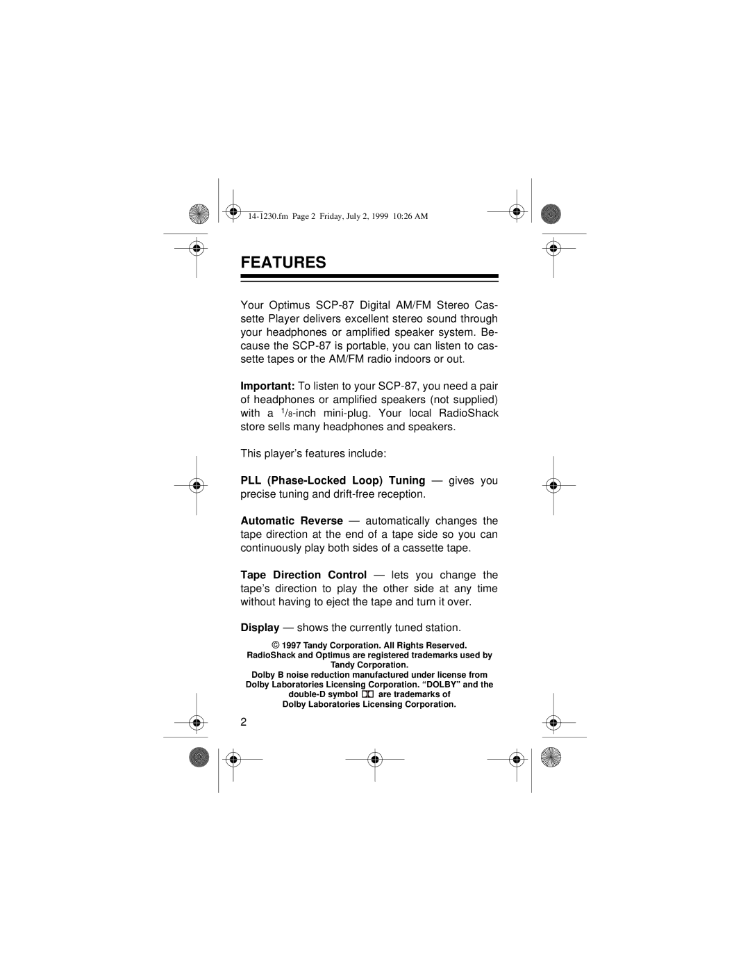 Optimus SCP-87 owner manual Features, PLL Phase-Locked Loop Tuning gives you 