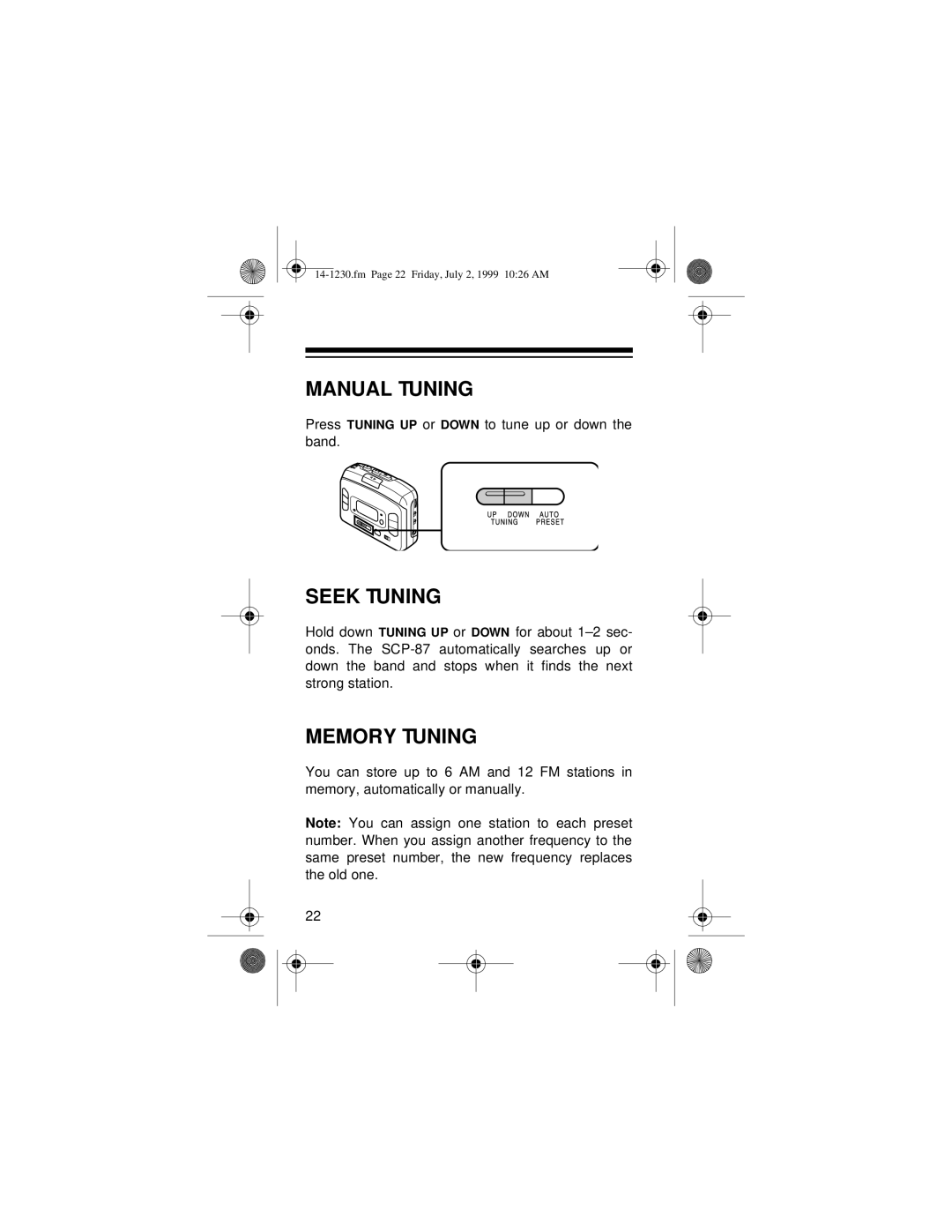 Optimus SCP-87 owner manual Manual Tuning, Seek Tuning, Memory Tuning 