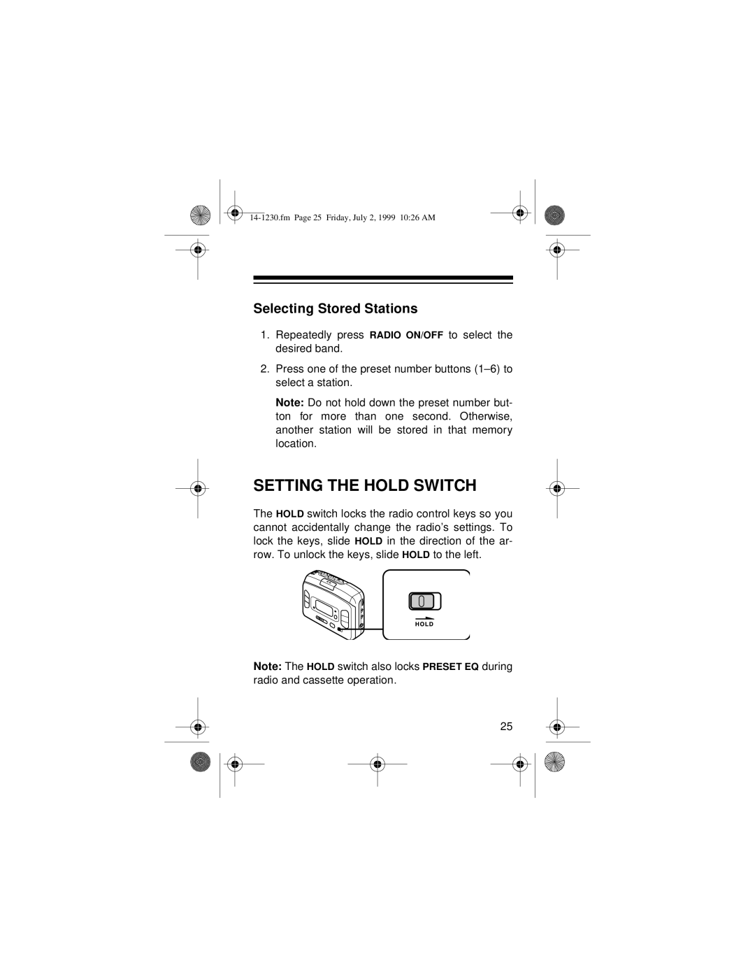 Optimus SCP-87 owner manual Setting the Hold Switch, Selecting Stored Stations 