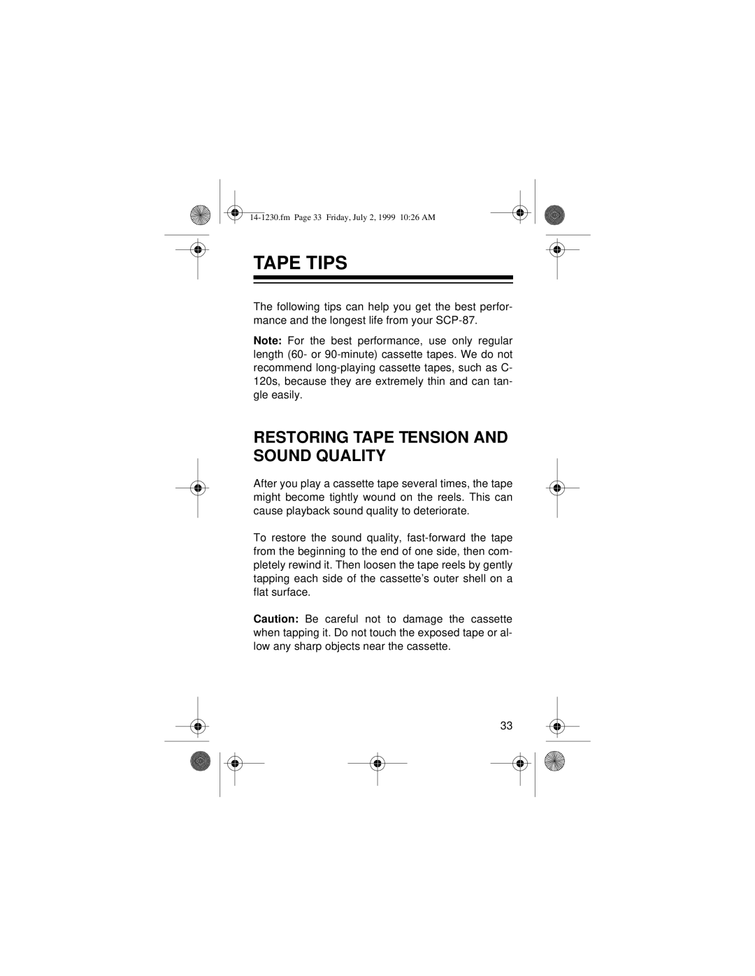 Optimus SCP-87 owner manual Tape Tips, Restoring Tape Tension and Sound Quality 