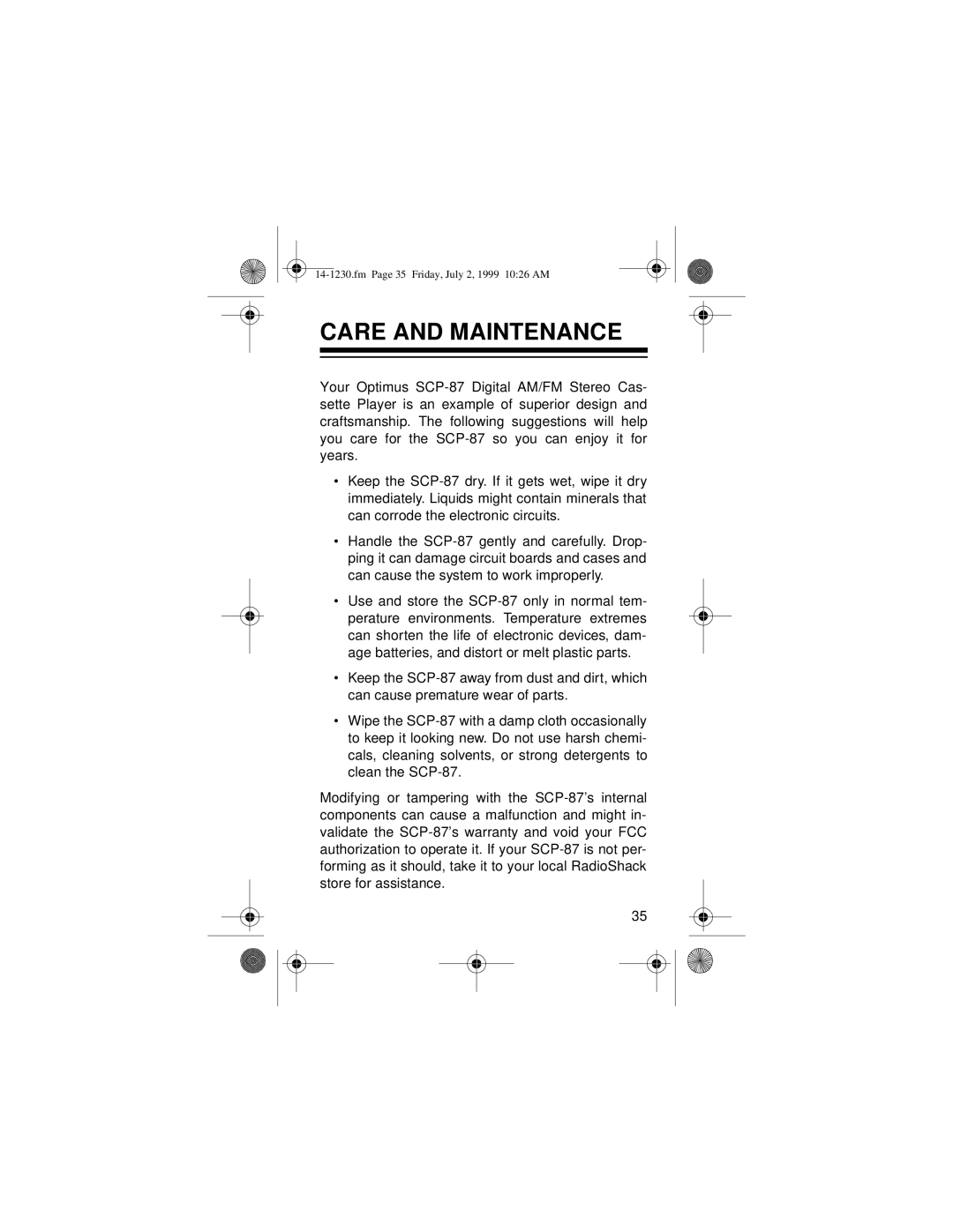 Optimus SCP-87 owner manual Care and Maintenance 