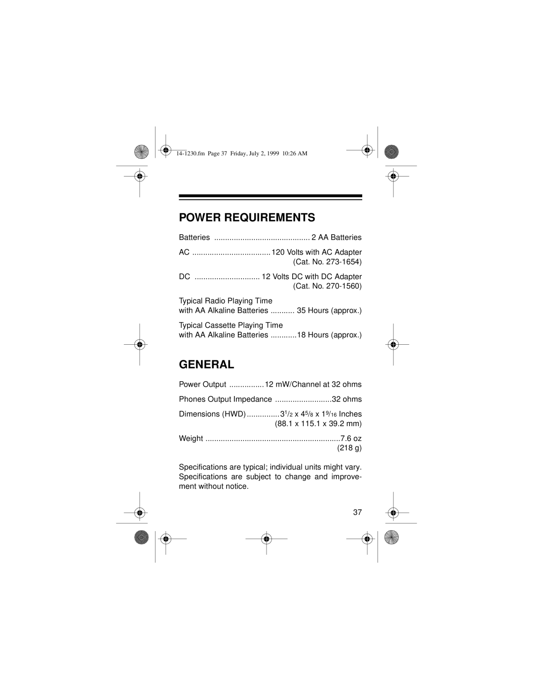 Optimus SCP-87 owner manual Power Requirements, General 