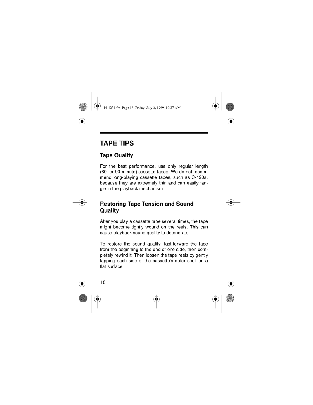 Optimus SCP-88 owner manual Tape Tips, Tape Quality, Restoring Tape Tension and Sound Quality 