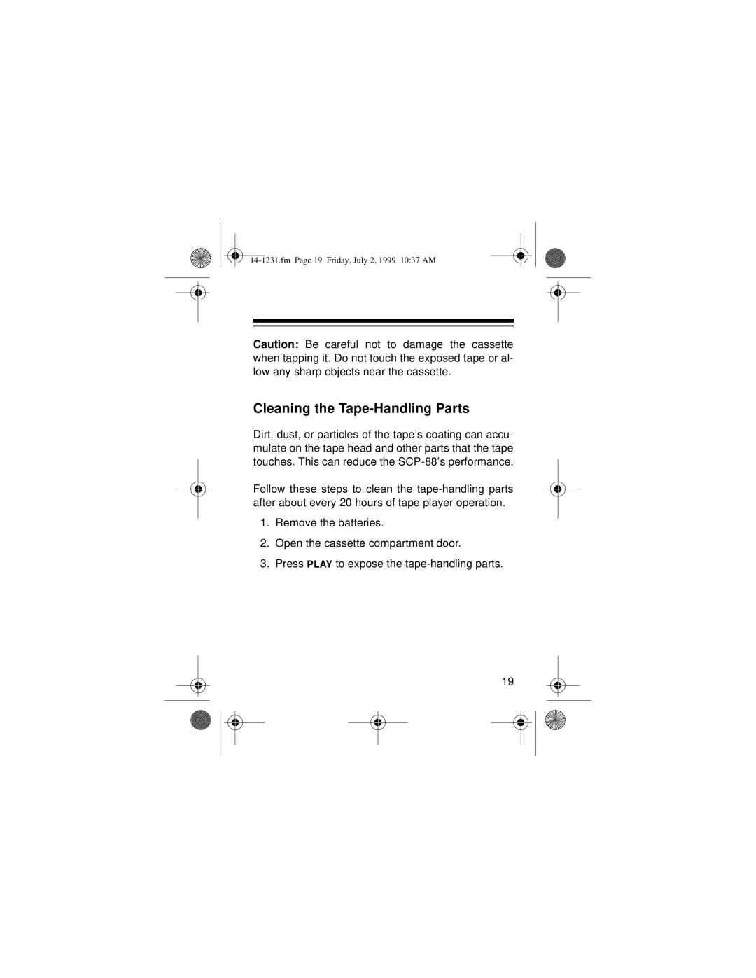 Optimus SCP-88 owner manual Cleaning the Tape-Handling Parts 