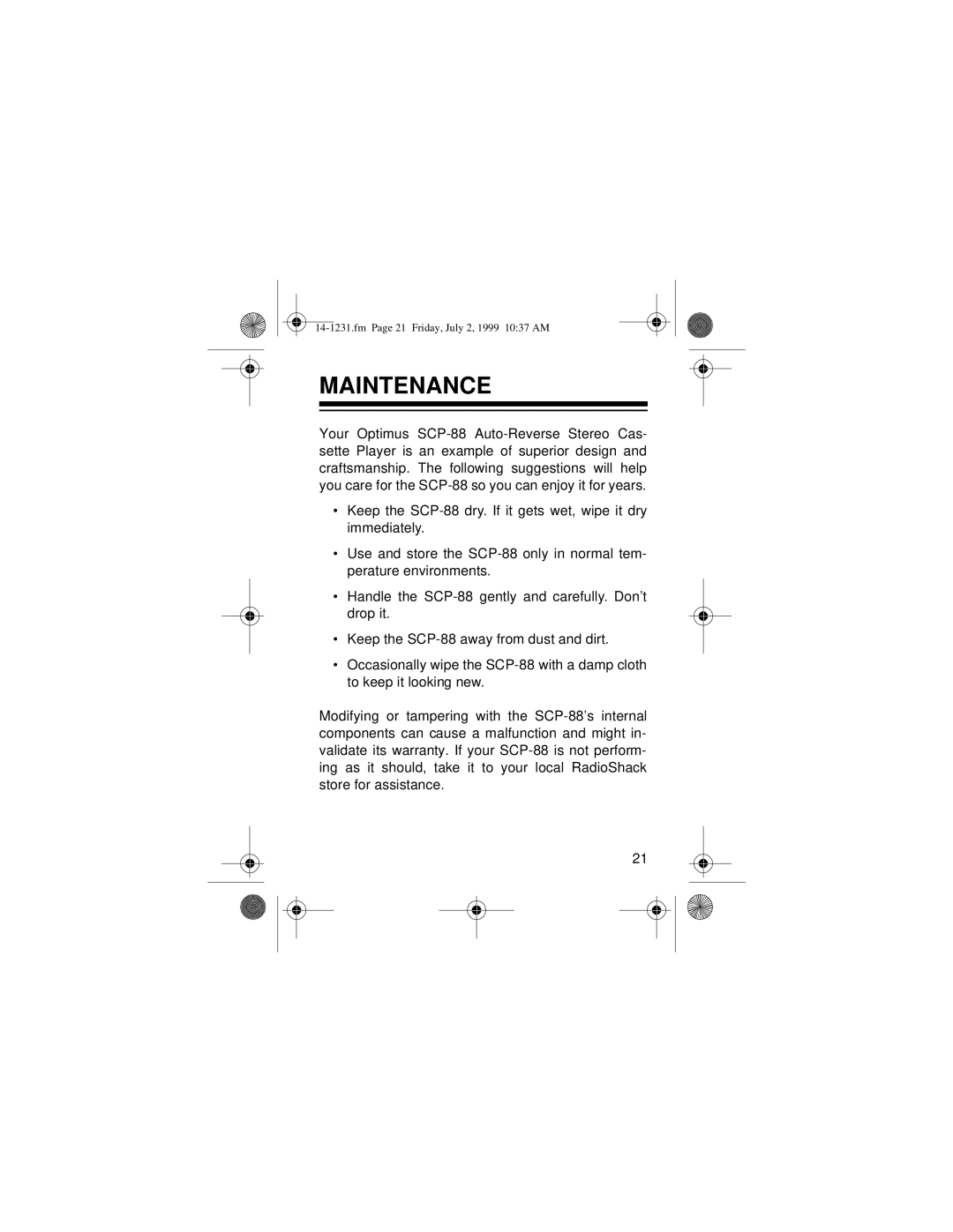 Optimus SCP-88 owner manual Maintenance 