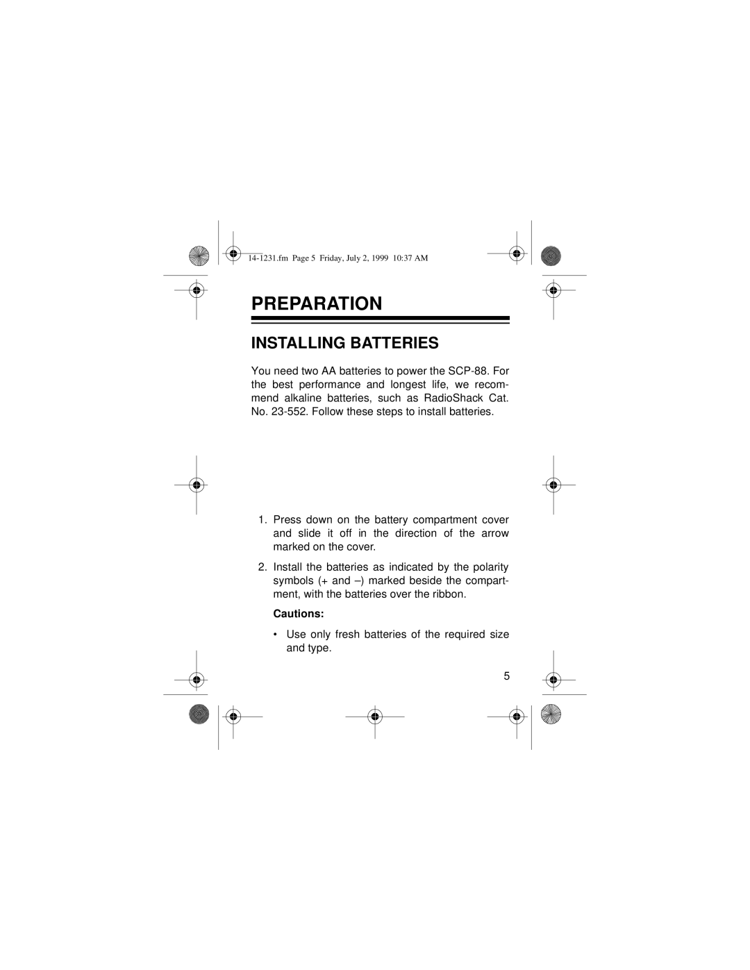 Optimus SCP-88 owner manual Preparation, Installing Batteries, Cautions 