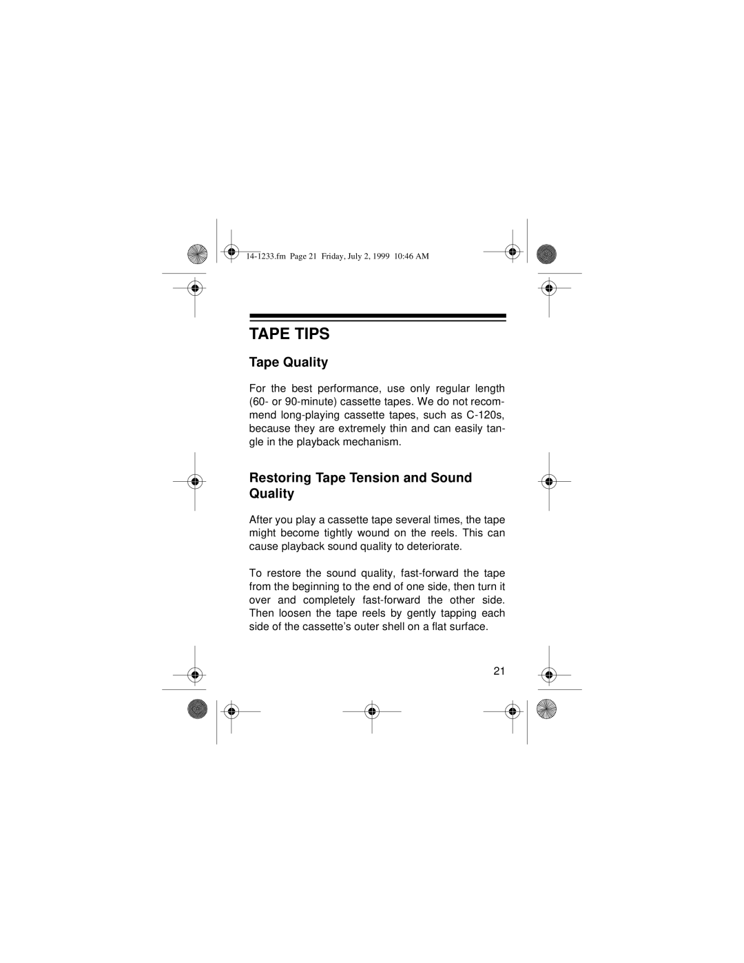 Optimus SCP-90 owner manual Tape Tips, Tape Quality, Restoring Tape Tension and Sound Quality 