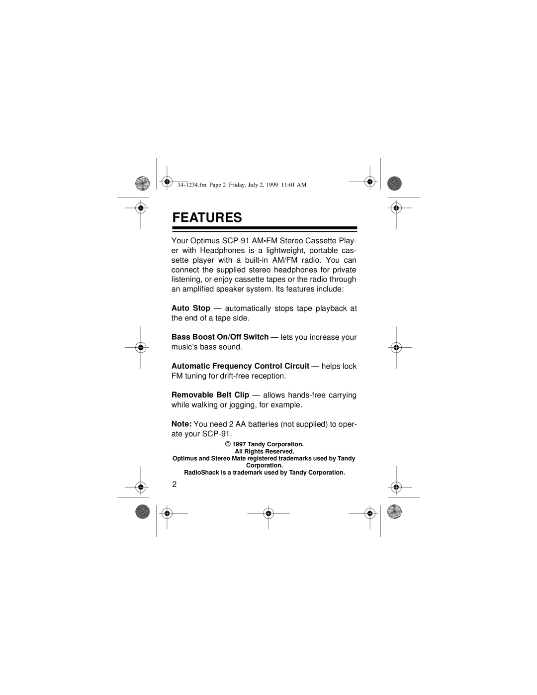 Optimus SCP-91 owner manual Features, Automatic Frequency Control Circuit helps lock 